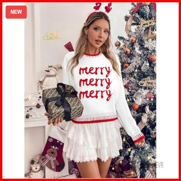 Merry Christmas Sweater Women's Knitted Pullover Holiday Party Top - Picture 2 of 7